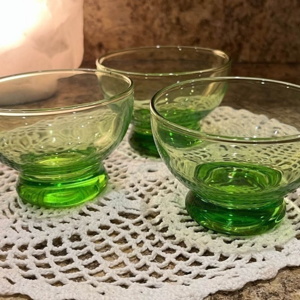 3 footed vintage Anchor Hocking sherbet dishes in a bright green apple glass